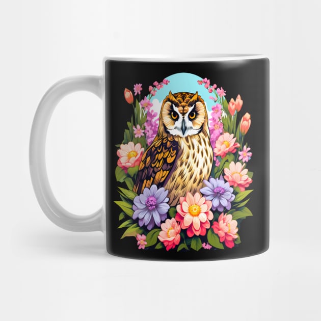 A Cute Short Eared Owl Surrounded by Bold Vibrant Spring Flowers by BirdsnStuff